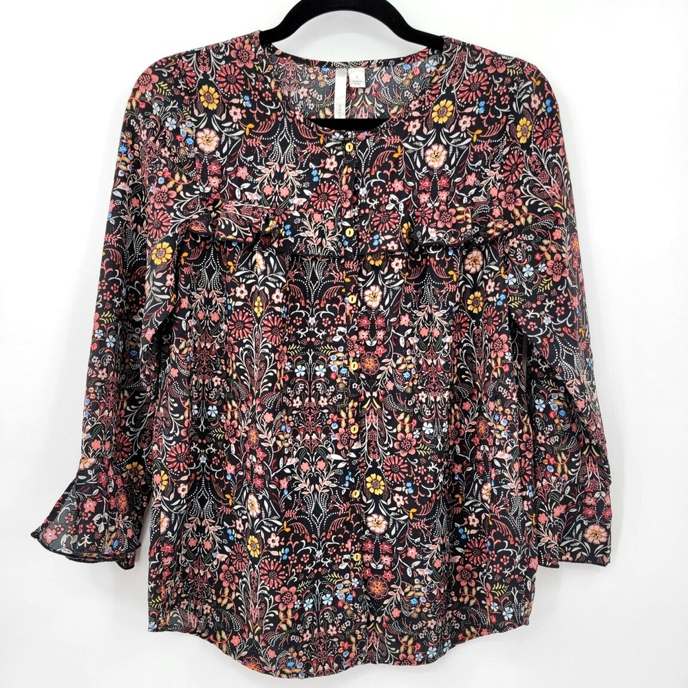 Lauren Conrad Women's Small US Floral Peasant Bell Sleeve Blouse Button Top